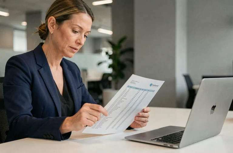 Femme professionnelle en costume marine analysant un document bancaire avec un IBAN dans un bureau moderne