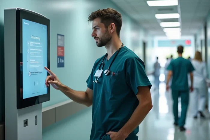 Infirmier accédant à un kiosque numérique de services médicaux pour professionnels de santé dans un couloir hospitalier