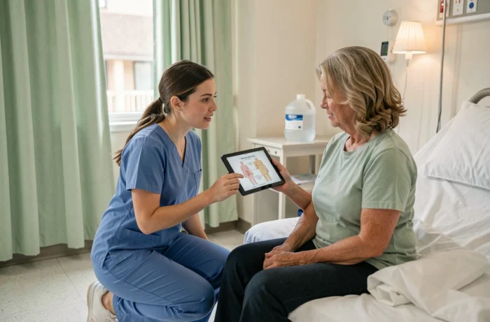 Infirmière utilisant une tablette pour expliquer un diagnostic à une patiente hospitalisée