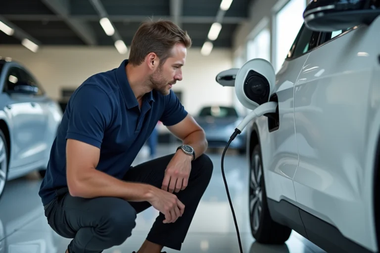 Ingénieur automobile inspectant le port de charge d'une voiture électrique blanche dans un showroom moderne