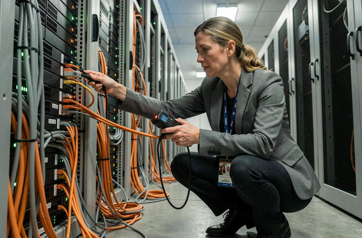 Ingénieure réseau inspectant physiquement un panneau de brassage dans une salle serveur lors d'un audit informatique