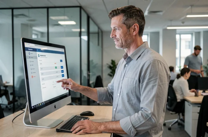 Homme professionnel configurant un nouveau compte sur une plateforme numérique dans un bureau moderne en open space