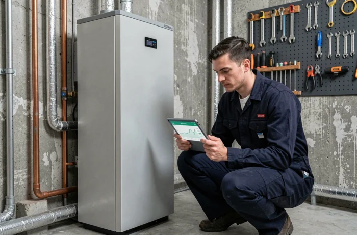 Technicien installant une pompe à chaleur haute efficacité dans une salle technique avec données de consommation énergétique sur tablette