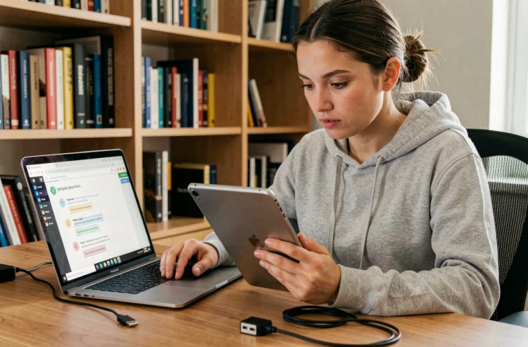Jeune femme installant Linux sur une tablette tactile en suivant un tutoriel sur ordinateur portable