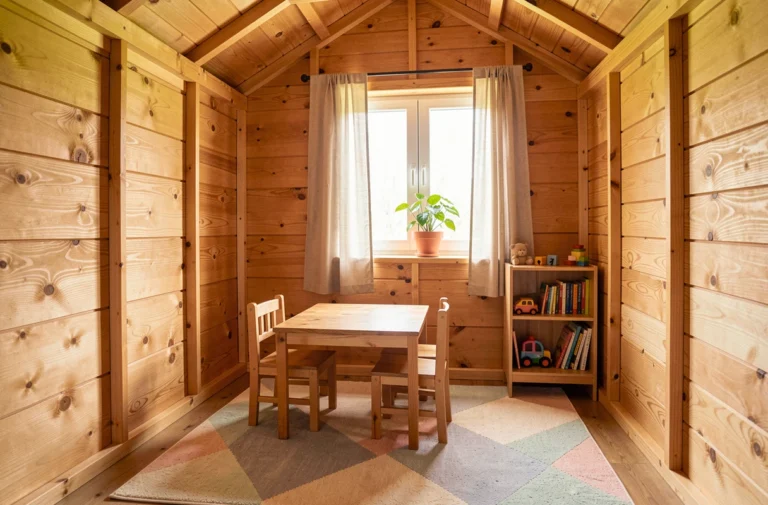 Intérieur aménagé d'une maisonnette en bois avec table, chaises et étagère pour enfants