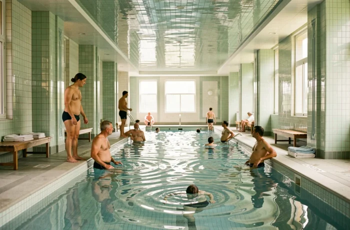 Intérieur de la piscine Butte aux Cailles avec carrelage Art Déco et nageurs adultes dans l'eau