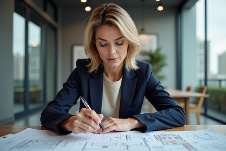 Femme investisseuse immobilière analysant des plans et documents financiers dans un bureau moderne