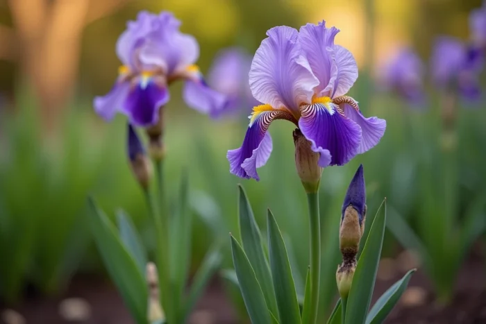 Iris des jardins (Iris germanica) avec ses fleurs violet-lavande, rhizomes superficiels bien visibles à la surface et racines profondes fines en coupe de sol