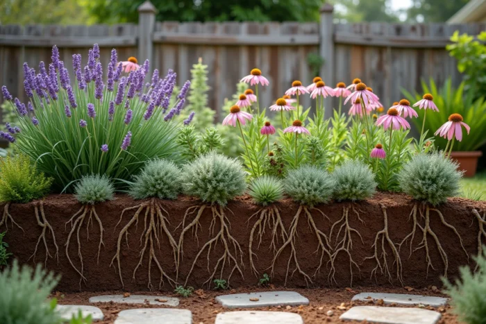 Vue grand angle d'un jardin résistant à la sécheresse avec des plantes vivaces aux racines profondes et une coupe transversale du sol révélant un système racinaire profond