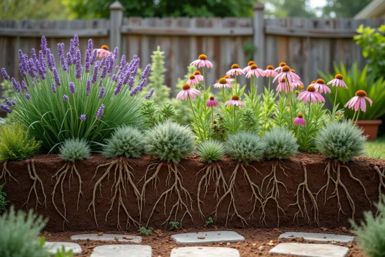 Vue grand angle d'un jardin résistant à la sécheresse avec des plantes vivaces aux racines profondes et une coupe transversale du sol révélant un système racinaire profond