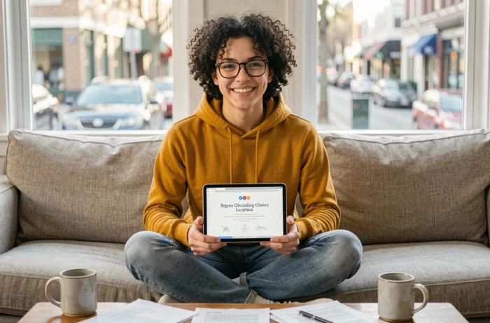 Jeune adulte fier tenant une tablette affichant un certificat de formation en ligne dans son salon