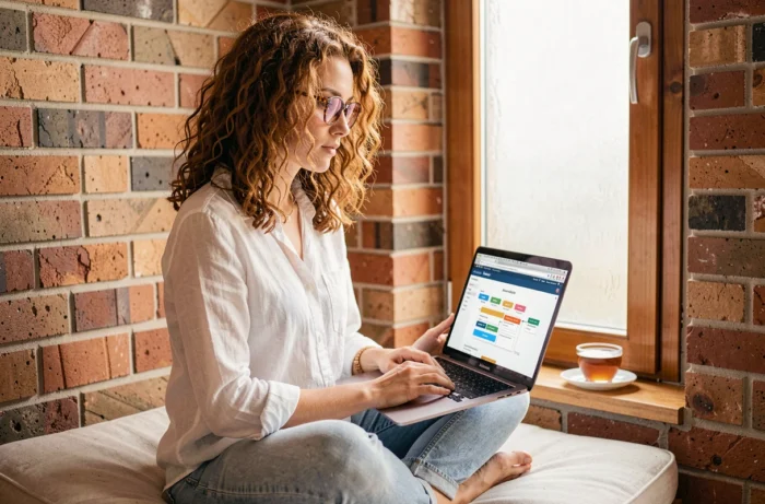 Jeune femme lisant un schéma de navigation de site web sur un ordinateur portable dans un coin lecture