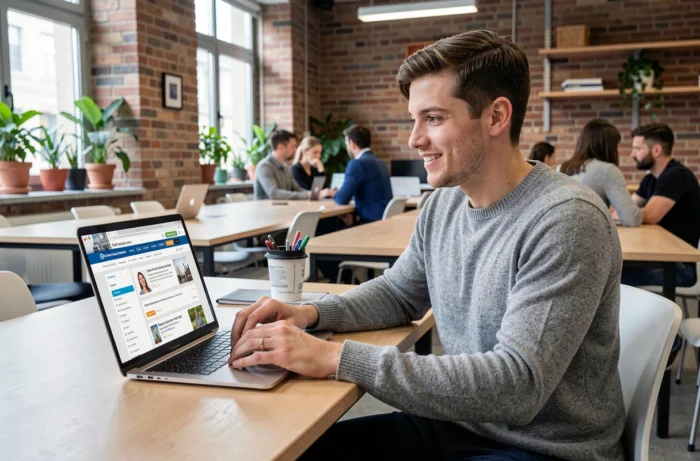 Jeune homme naviguant sur un portail emploi en ligne dans un espace de coworking moderne