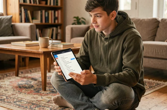 Jeune personne assise sur le sol consultant une page sitemap sur une tablette pour naviguer sur un site web