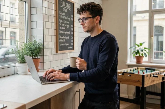 Jeune professionnel travaillant dans la salle de pause d'une startup française, culture d'entreprise et emploi 2024