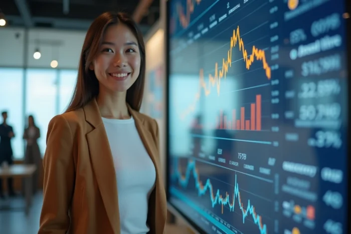 Une jeune professionnelle en gestion de patrimoine présente une stratégie d'investissement diversifiée sur écran interactif