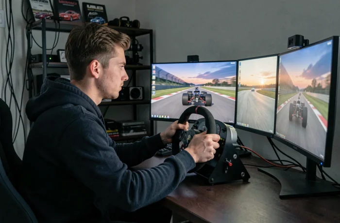 Joueur immergé dans une session en ligne sur Assetto Corsa Competizione avec un volant de simulation et un triple écran