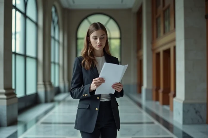 Jeune juriste consultant des notes juridiques dans un couloir de palais de justice