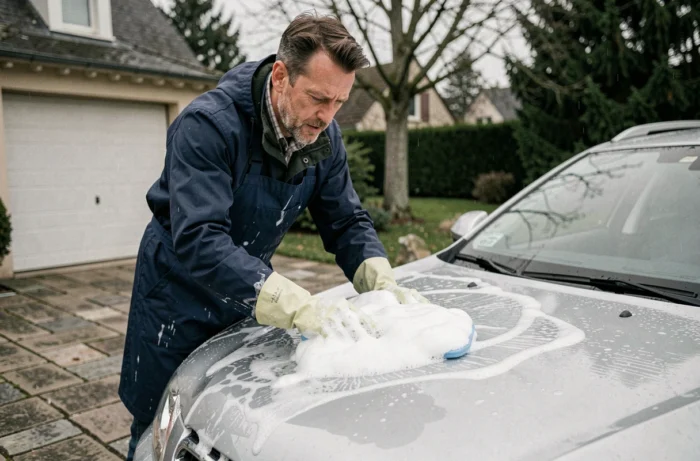 Homme lavant à la main le capot d'un SUV argenté avec un gant microfibre couvert de mousse, dans une allée pavée d'un quartier résidentiel de Metz