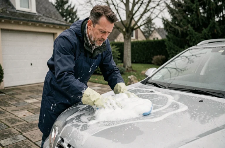 Homme lavant à la main le capot d'un SUV argenté avec un gant microfibre couvert de mousse, dans une allée pavée d'un quartier résidentiel de Metz