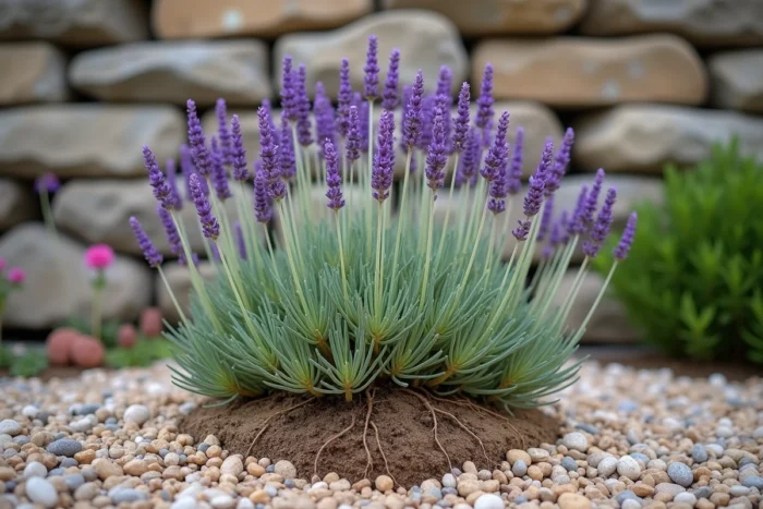Pied de lavande (Lavandula angustifolia) sur sol drainant avec gravier et muret en pierre, racines visibles dans la coupe de terrain sableux
