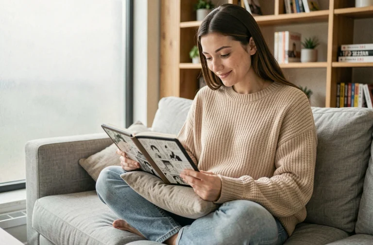 Jeune femme lisant des mangas en ligne sur une tablette dans un appartement moderne et cosy