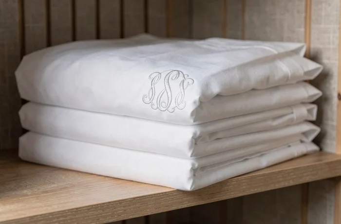 Linge de maison en coton blanc avec monogramme brodé en fil gris discret sur le bord du tissu