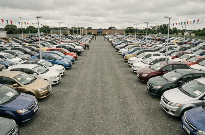 Vue panoramique d'un grand lot de voitures d'occasion avec de nombreux véhicules alignés dans un parc automobile