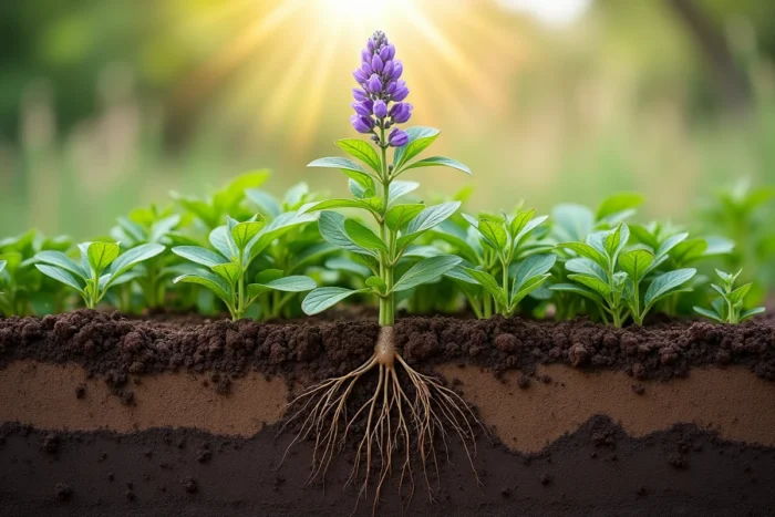 Plant de luzerne (Medicago sativa) avec ses fleurs violettes et une coupe de sol montrant son système racinaire pivotant exceptionnellement profond