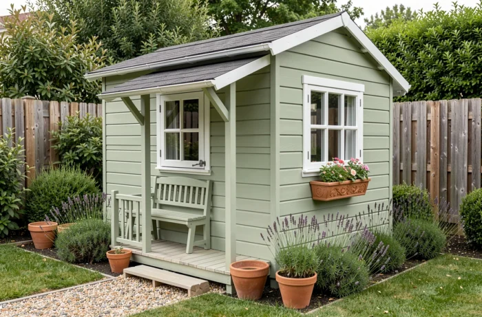 Maisonnette en bois peinte en vert dans un jardin aménagé avec banc et jardinière