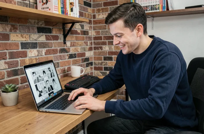 Jeune homme lisant des scans de mangas sur un ordinateur portable dans un bureau à domicile