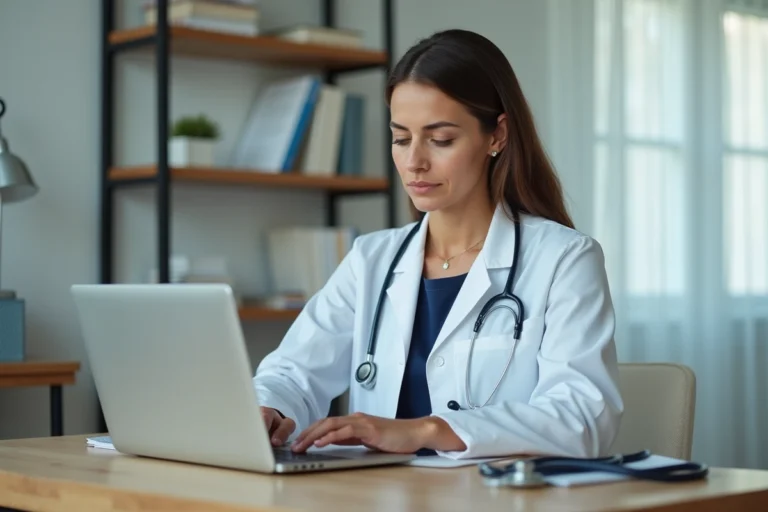 Médecin généraliste femme consultant des dossiers patients sur un ordinateur portable dans son cabinet médical moderne
