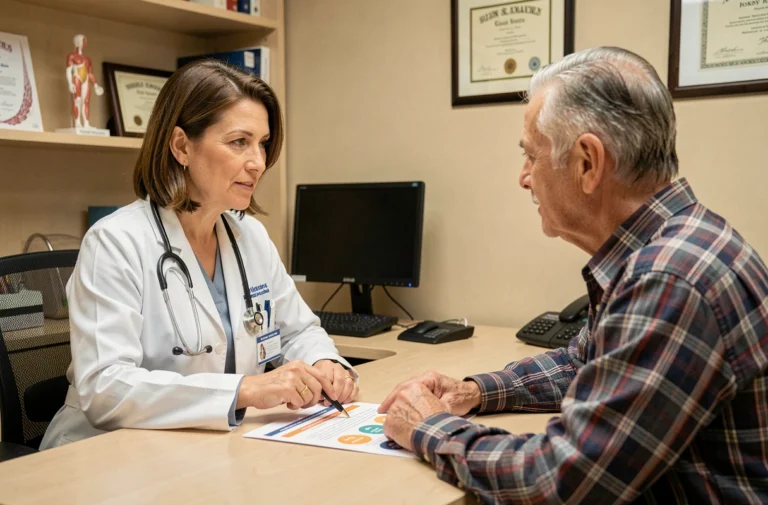 Médecin expliquant des informations de santé à un patient âgé lors d'une consultation médicale