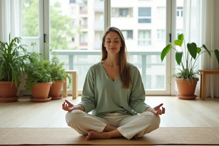 Femme en méditation sur tapis de yoga en jute dans un appartement lumineux décoré de plantes, ambiance bien-être et sérénité