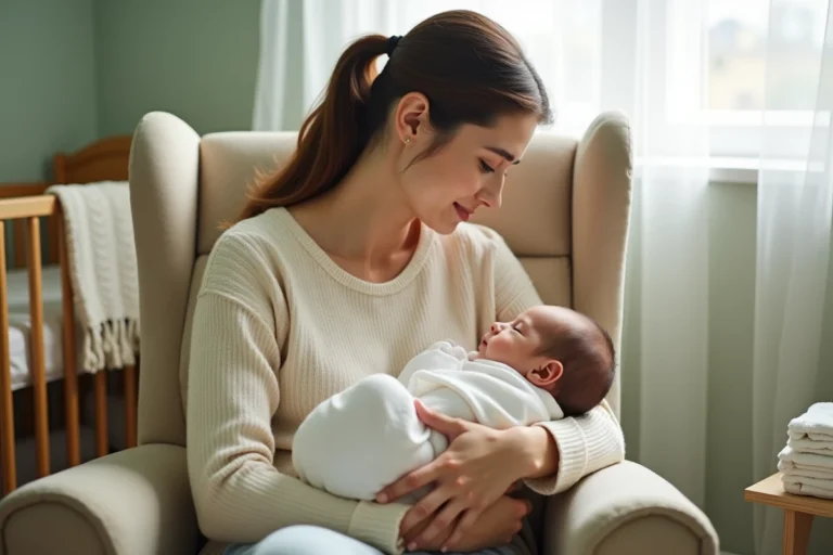 Jeune mère tenant son nouveau-né dans ses bras dans une chambre de bébé apaisante aux tons naturels