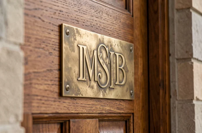 Monogramme gravé en laiton sur une porte d'entrée en bois de chêne massif