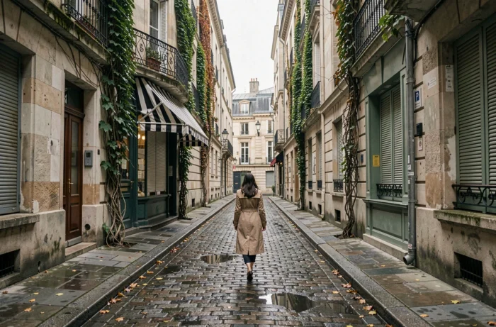Ruelle pavée de Montmartre avec une jeune femme en manteau beige marchant seule, évoquant l'atmosphère des années 1940 et le destin méconnu de Marcelle Dupont, fille d'Édith Piaf