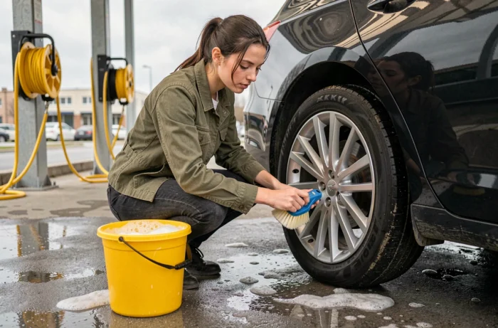 Jeune femme nettoyant minutieusement la jante d'une berline noire avec une brosse spécialisée dans une station de lavage libre-service en périphérie de Metz