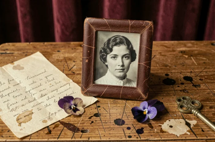 Nature morte sur un bureau ancien avec portrait photographique en noir et blanc d'une jeune femme des années 1930, lettre manuscrite et objets personnels évoquant l'histoire oubliée de Marcelle Dupont fille d'Édith Piaf