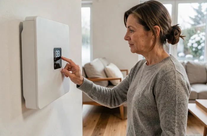 Femme ajustant un panneau chauffant électrique mural moderne dans un salon au design scandinave avec parquet en chêne