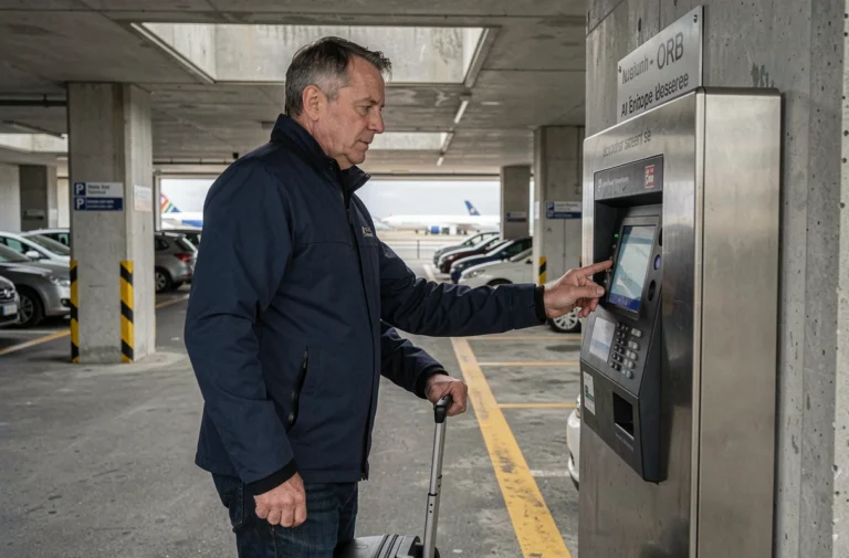 Homme tirant une valise dans le parking extérieur de l'aéroport Orly face à une borne de paiement