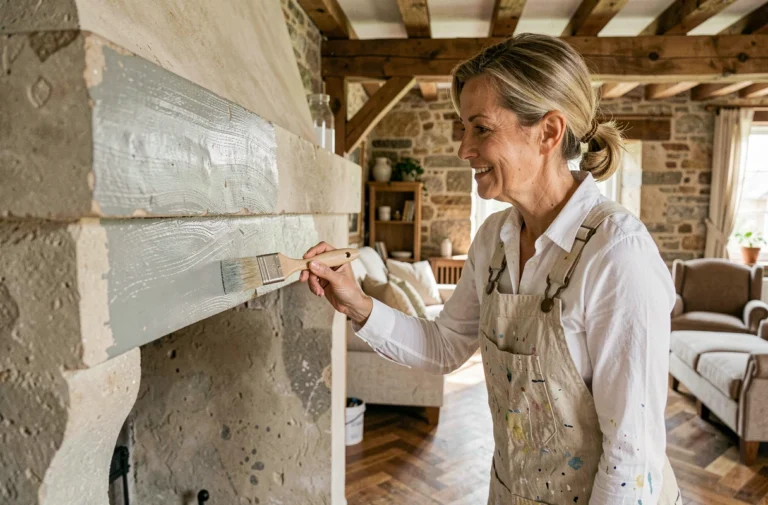 Femme appliquant de la peinture à la craie sur une hotte de cheminée en pierre dans un salon rustique