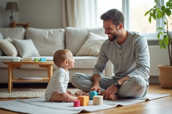 Père jouant avec son bébé de six mois sur un tapis d'éveil dans un salon lumineux et chaleureux