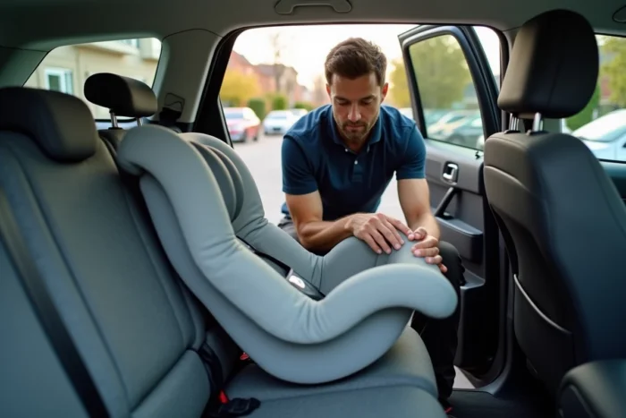 Père retirant le réducteur du siège auto cosy lors de l'installation dans la voiture familiale