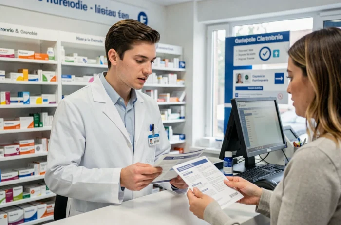 Pharmacien conseillant une cliente sur sa mutuelle santé dans une pharmacie de Grenoble en Isère