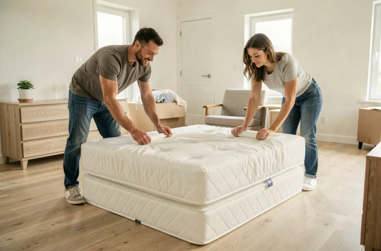Deux personnes pliant un matelas en mousse en deux pour le déménager dans une chambre moderne