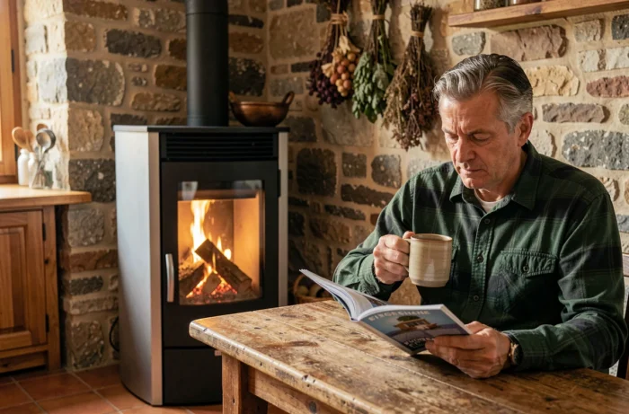 Homme se reposant près d'un poêle à granulés moderne dans une cuisine rustique en pierre avec atmosphère de ferme française