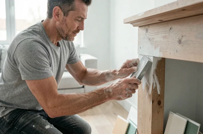 Homme préparant une hotte de cheminée en bois avant peinture avec des échantillons de couleurs