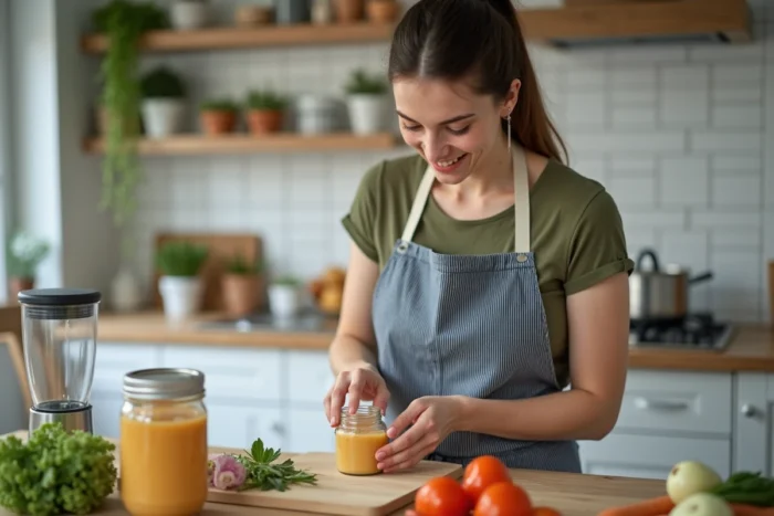 Jeune mère préparant des purées maison pour son bébé dans une cuisine familiale organisée