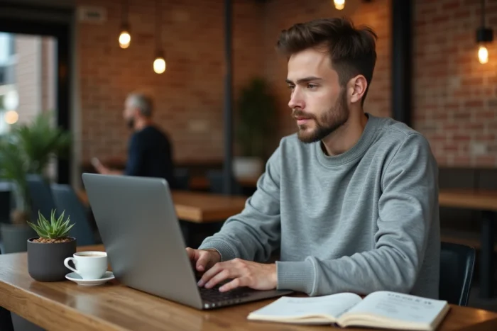 Jeune professionnel du marketing digital travaillant sur sa stratégie de contenu dans un café